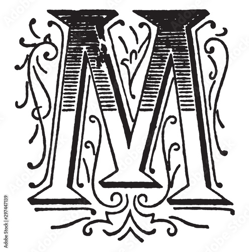 M, Ornate initial, vintage illustration