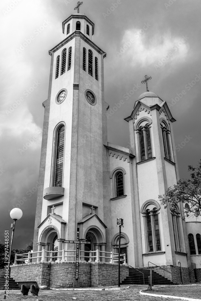 Marilia, Sao Paulo, Brazil, March 15, 2019. View of the facade of the Santo Antonio Church, in the central region of Marilia, in the west center of the state of Sao Paulo