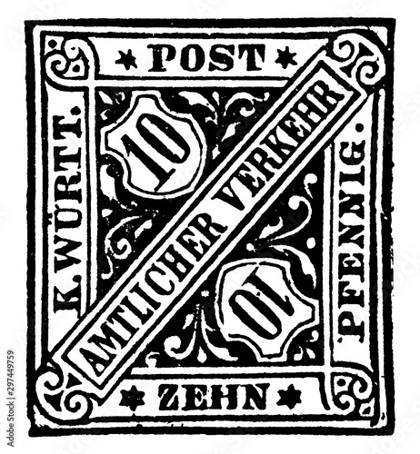 Wrtemberg Zehn Pfennig Official Stamp in 1881, vintage illustration.