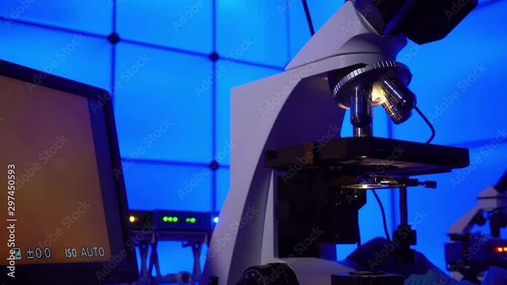 Microscope in science laboratory. Research of material structure