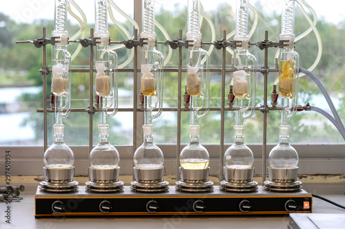 Soxhlet Extractor.Percolator-boiler and reflux,distillation flask on heating element.Organic chemistry class.