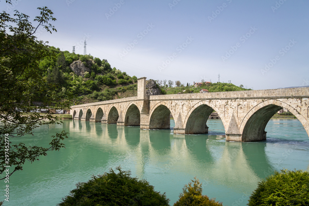  Mehmed Pasa Sokolovic bridge in spring. Also called Drina bridge, or Most na Drini, it is a medieval ottoman architecture bridge on Drina river