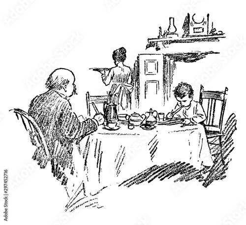 Man and Boy Eating Dinner, vintage illustration