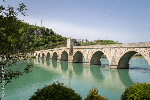  Mehmed Pasa Sokolovic bridge in spring. Also called Drina bridge, or Most na Drini, it is a medieval ottoman architecture bridge on Drina river