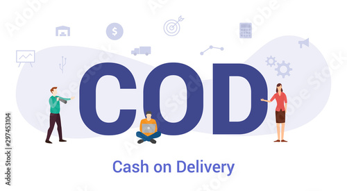 cod cash on delivery concept with big word or text and team people with modern flat style - vector