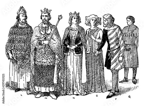 England Nobles Fourteenth Century Fashion, vintage illustration.