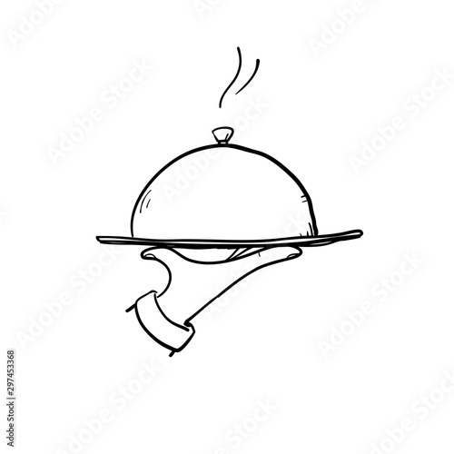 Waiter hand holding cloche serving plate doodle illustration