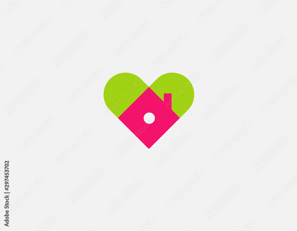 Obraz premium Abstract geometric bright green and pink color logo image of a house and a heart for a construction company