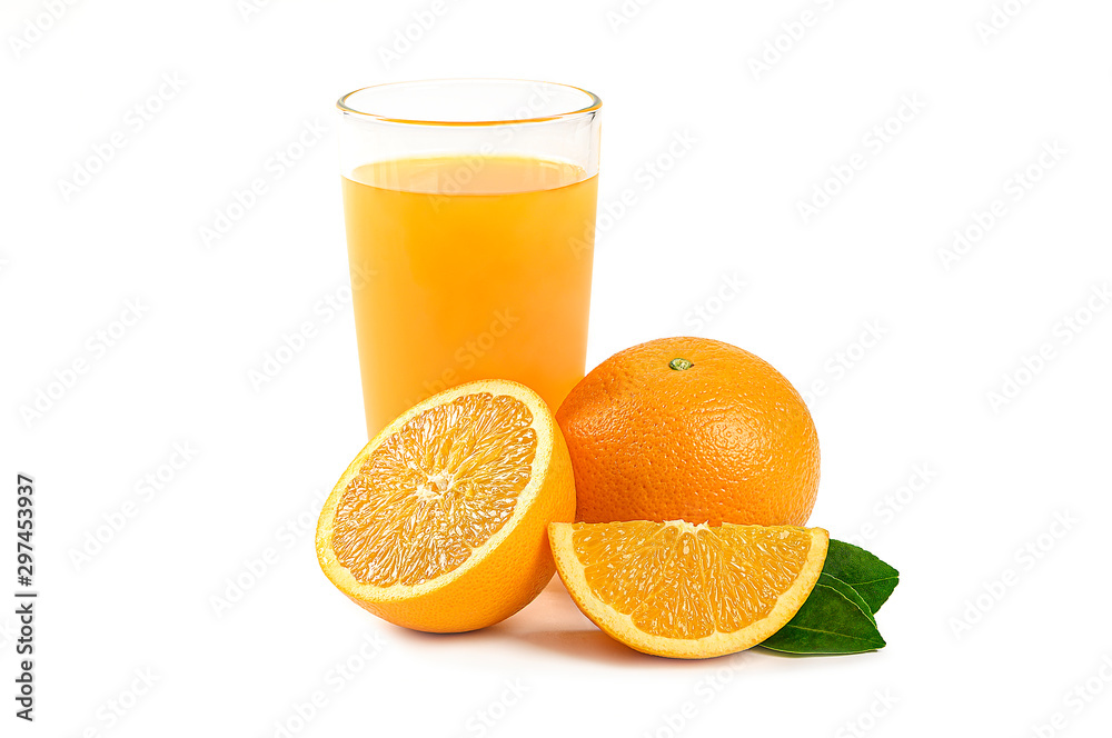 Glass of Orange juice with pulp and leaves isolated on white Glass of Orange juice with pulp and leaves isolated on white