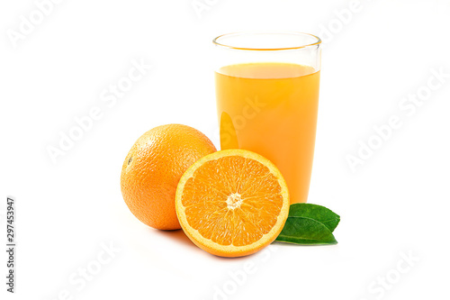 Glass of Orange juice and half  leaves isolated on white background.