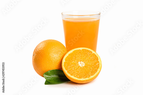 Glass of orange juice and oranges isolated on white