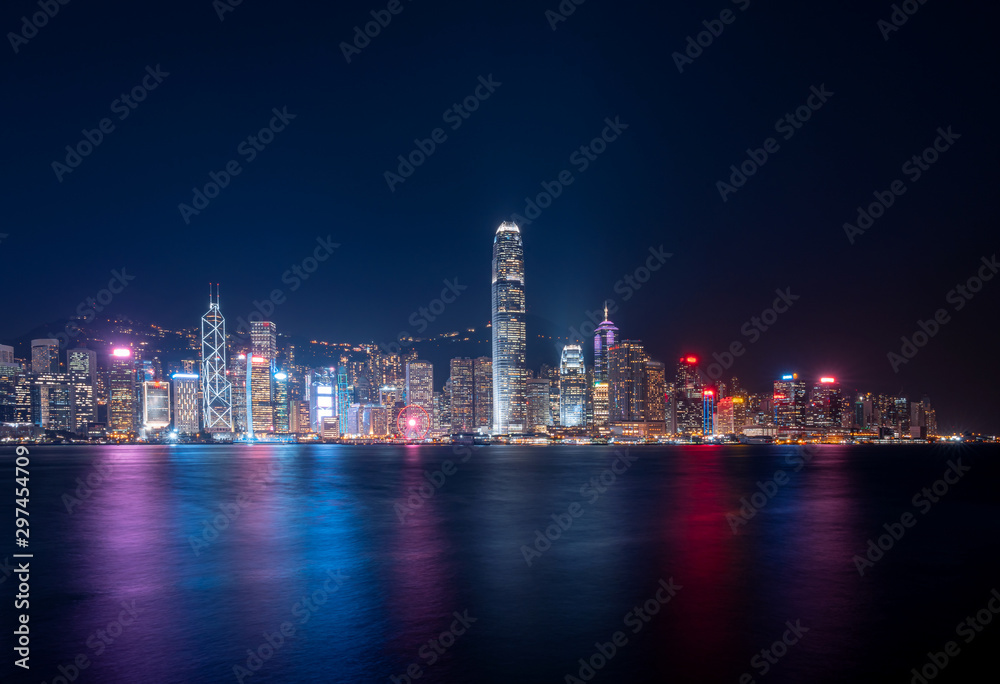 Hong Kong cityscape at night. View From Victoria Harbour