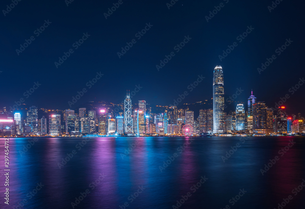 Hong Kong cityscape at night. View From Victoria Harbour