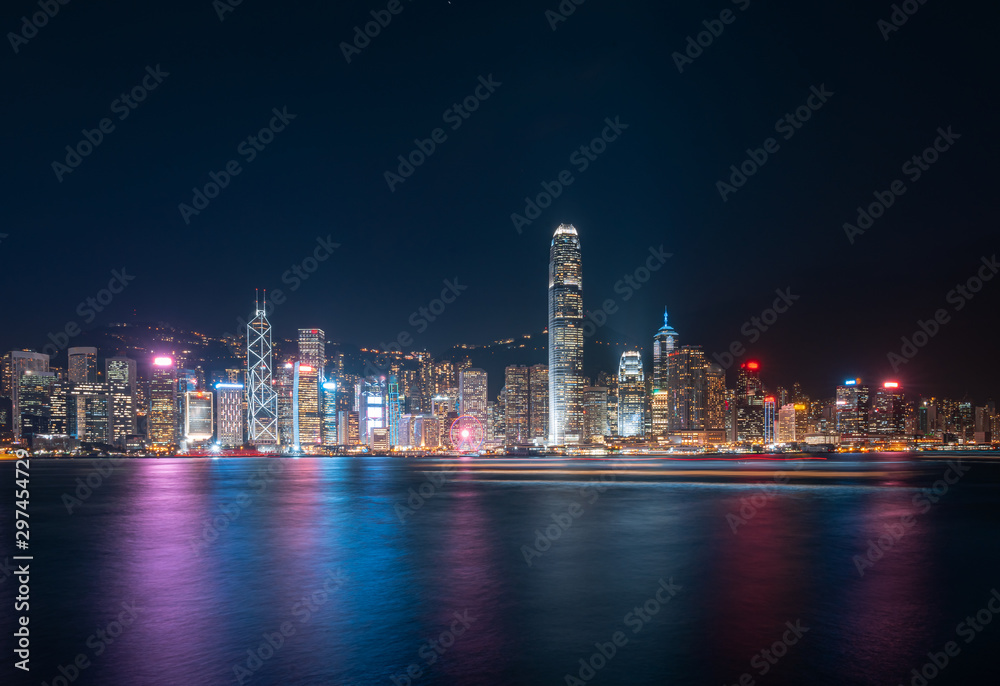 Hong Kong cityscape at night. View From Victoria Harbour