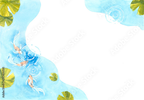 Frame of beautiful  brilliantly colored Koi Carp fish in a pond. Watercolor hand painting  for decoration on wallpaper, cover page, template, postcard, poster. symbol of good luck and prosperity.