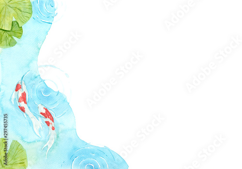 Frame of beautiful and brilliantly colored Koi Carp fish in a pond. Watercolor hand painting  for decoration on wallpaper,  cover page, template, postcard, poster.  symbol of good luck and prosperity.