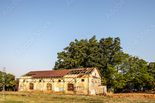 Facade of the old and abandoned Lacio District train station in Marilia municipality, midwest region of Sao Paulo state