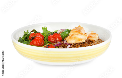 Fototapeta Naklejka Na Ścianę i Meble -  Tasty buckwheat porridge with meat and vegetables on white background