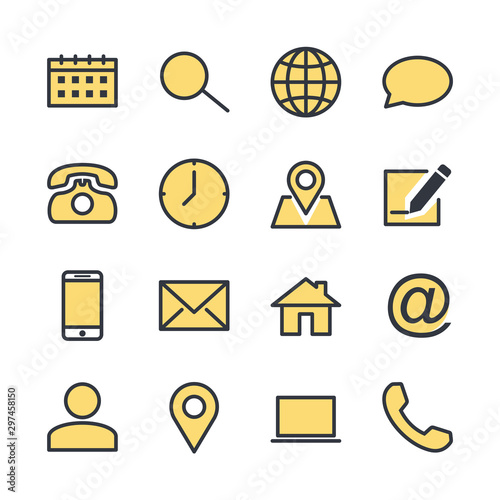 computer and mobile icons. phone, website, mail, time, call, home, printer, laptop, calendar, chat, edit, pin, map, person color editable vector sign isolated on white background for graphic and web d