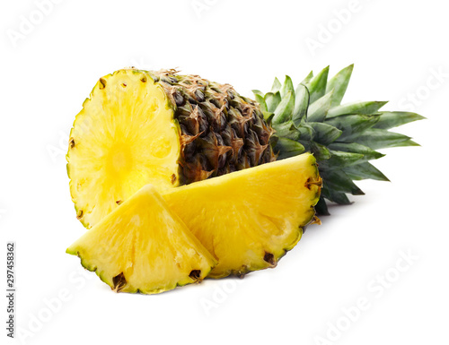 Tasty raw pineapple with slices on white background