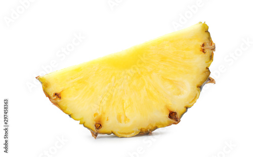 Slice of tasty juicy pineapple on white background