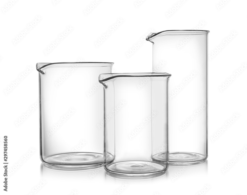Clean empty glass beakers on white background Clean empty glass beakers on white background