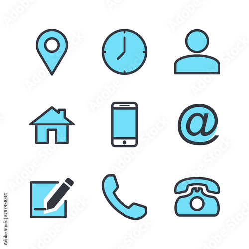 computer and mobile icons. phone, website, mail, time, call, home, printer, laptop, calendar, chat, edit, pin, map, person color editable vector sign isolated on white background for graphic and web d