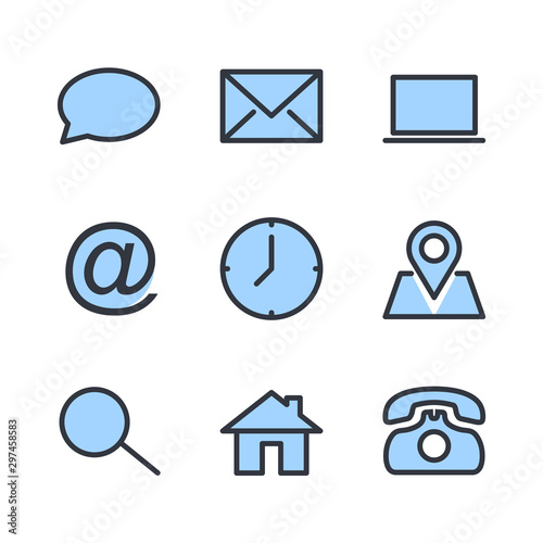 computer and mobile icons. phone, website, mail, time, call, home, printer, laptop, calendar, chat, edit, pin, map, person color editable vector sign isolated on white background for graphic and web d