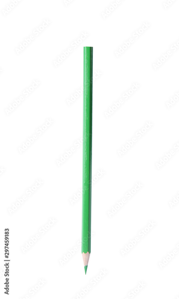 Green wooden pencil on white background. School stationery