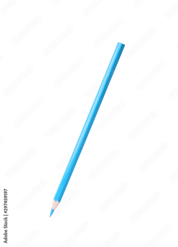 Light blue wooden pencil on white background. School stationery Light blue wooden pencil on white background. School stationery