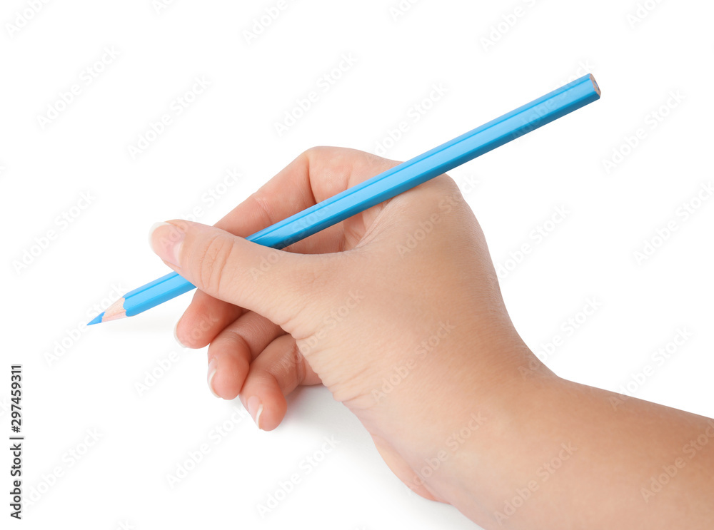 Woman drawing with color pencil on white background, closeup Woman drawing with color pencil on white background, closeup