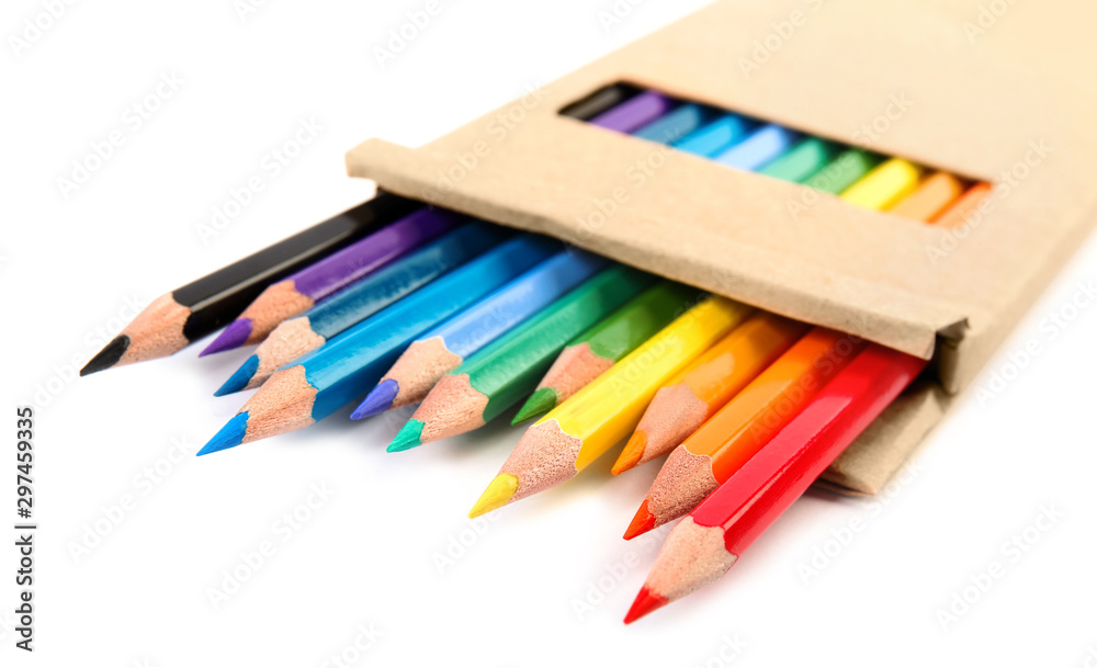 Box of color pencils on white background - obrazy, fototapety, plakaty 