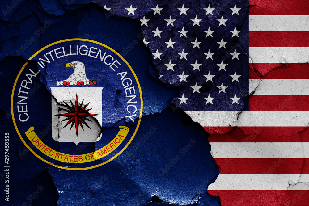 flags of Central Intelligence Agency and USA painted on cracked wall - obrazy, fototapety, plakaty 
