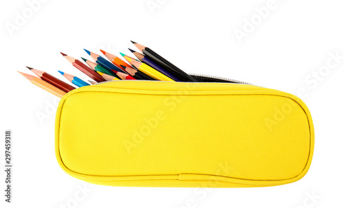 Fotografia Case full of color pencils on white background, top view