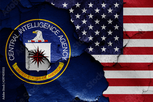 flags of Central Intelligence Agency and USA painted on cracked wall photo