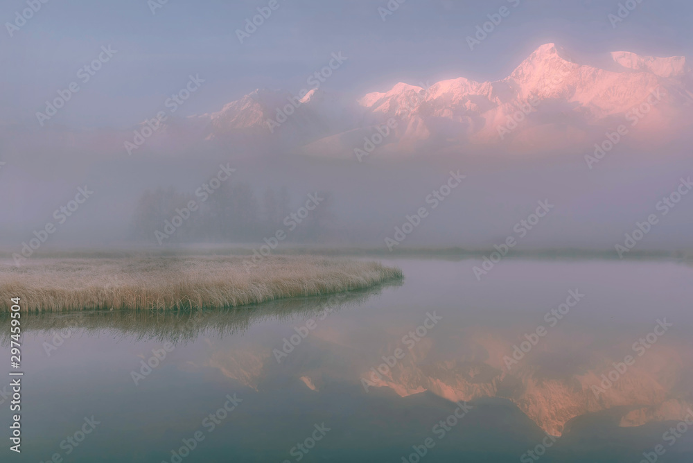 lake mountains fog reflection sunrise
