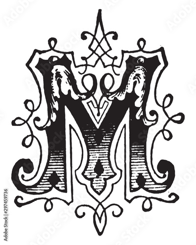 M, Ornamental letter, vintage illustration