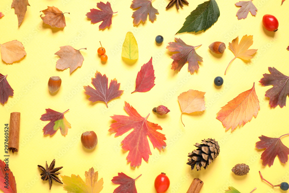 Beautiful composition with autumn leaves on yellow background, flat lay