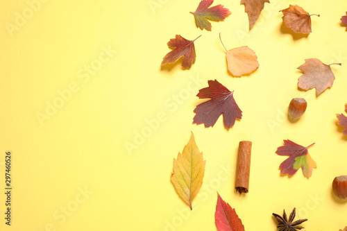 Flat lay composition with autumn leaves on yellow background. Space for text