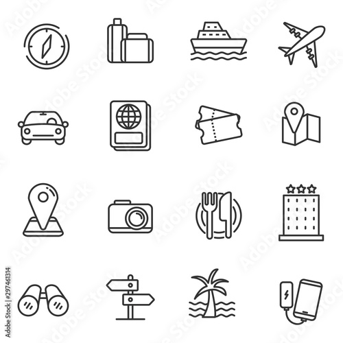 Set of travel related icon with simple line design isolated on white background.