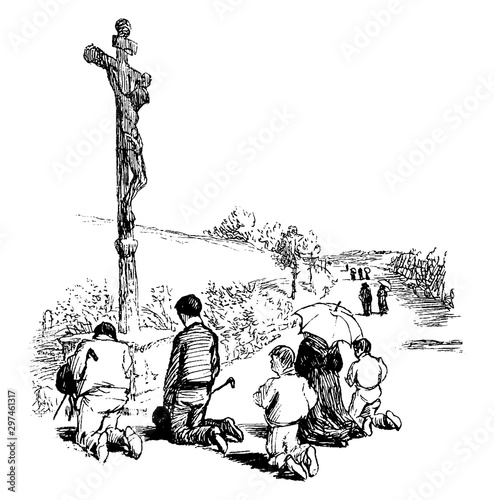 Kneeling in Front of Cross, vintage illustration