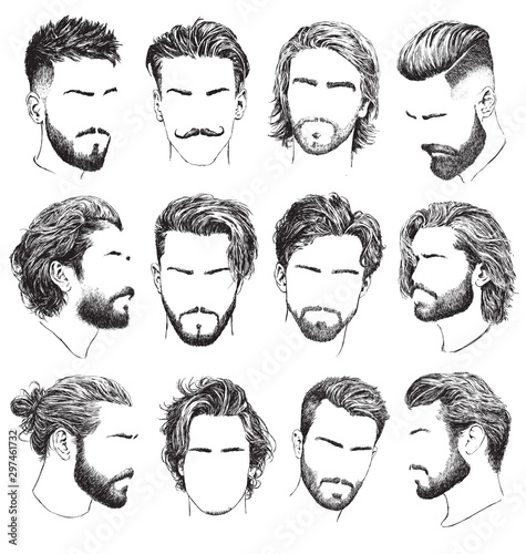 Highly detailed, hand drawn men’s hairstyles, beards and mustaches vector set.