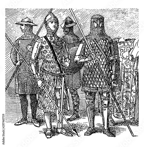 Men at Arms Wearing Armor, vintage illustration