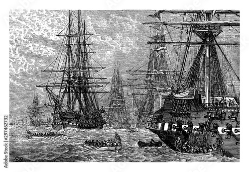 The British Fleet in the Lower Bay,vintage illustration