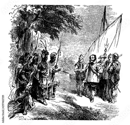 Smith's Meeting with Powhatan,vintage illustration
