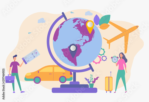 Travel agency. People who are looking for a flight schedule using a computer, booking hotels, booking air tickets on the Internet. Planning a trip. Metaphor of tourist travel