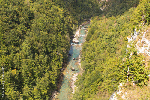 Mountain river in a canyon in the mountains of Montenegro. Selective focus.