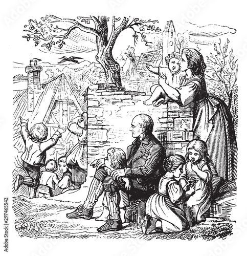 Children Playing, vintage illustration