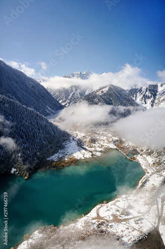 Aerial panoramic view of scenic winter landscape at Issyk Lake, Almaty, Kazakhstan