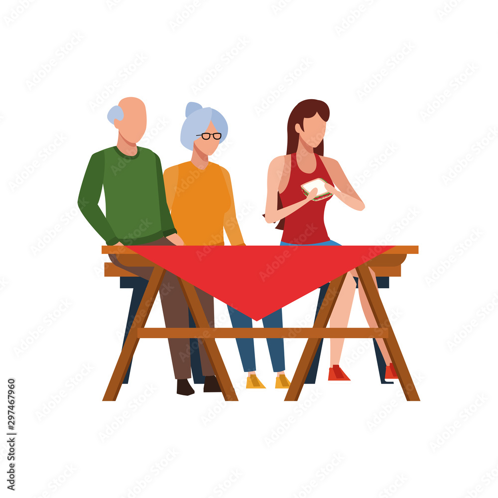 Fototapeta premium old couple and woman on picnic table icon, flat design